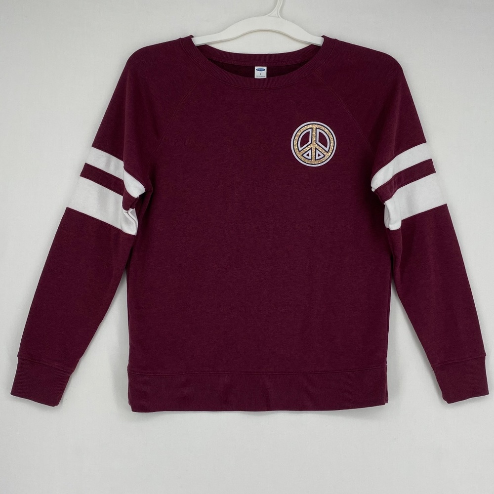 Old Navy Womens Size Small Pullover Sweatshirt Burgundy Glitter Peace Sign Patch